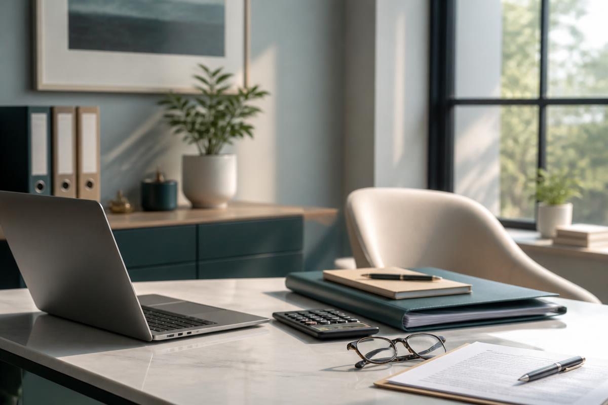 A quiet, organized tax representation office — laptop, files, and client documents ready for review
