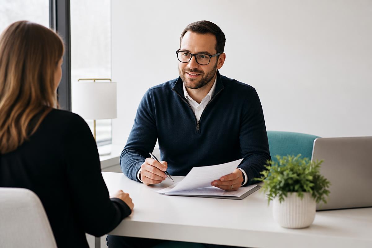 A tax professional reviewing documents with a client in a calm, modern office